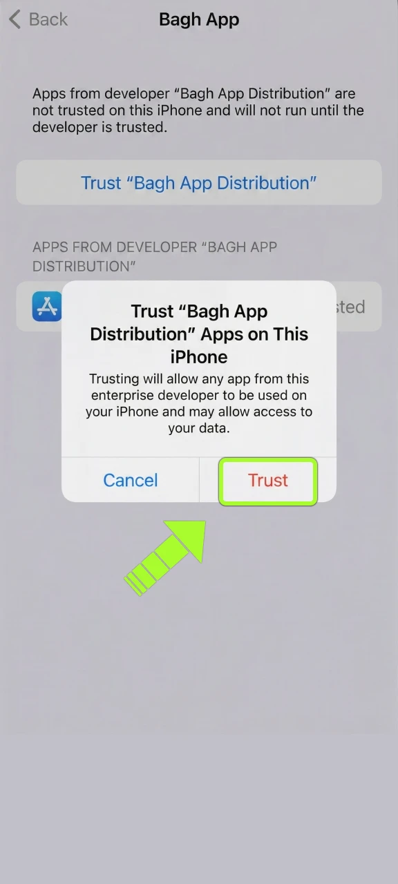Trust the developer profile to secure your Bagh App installation.