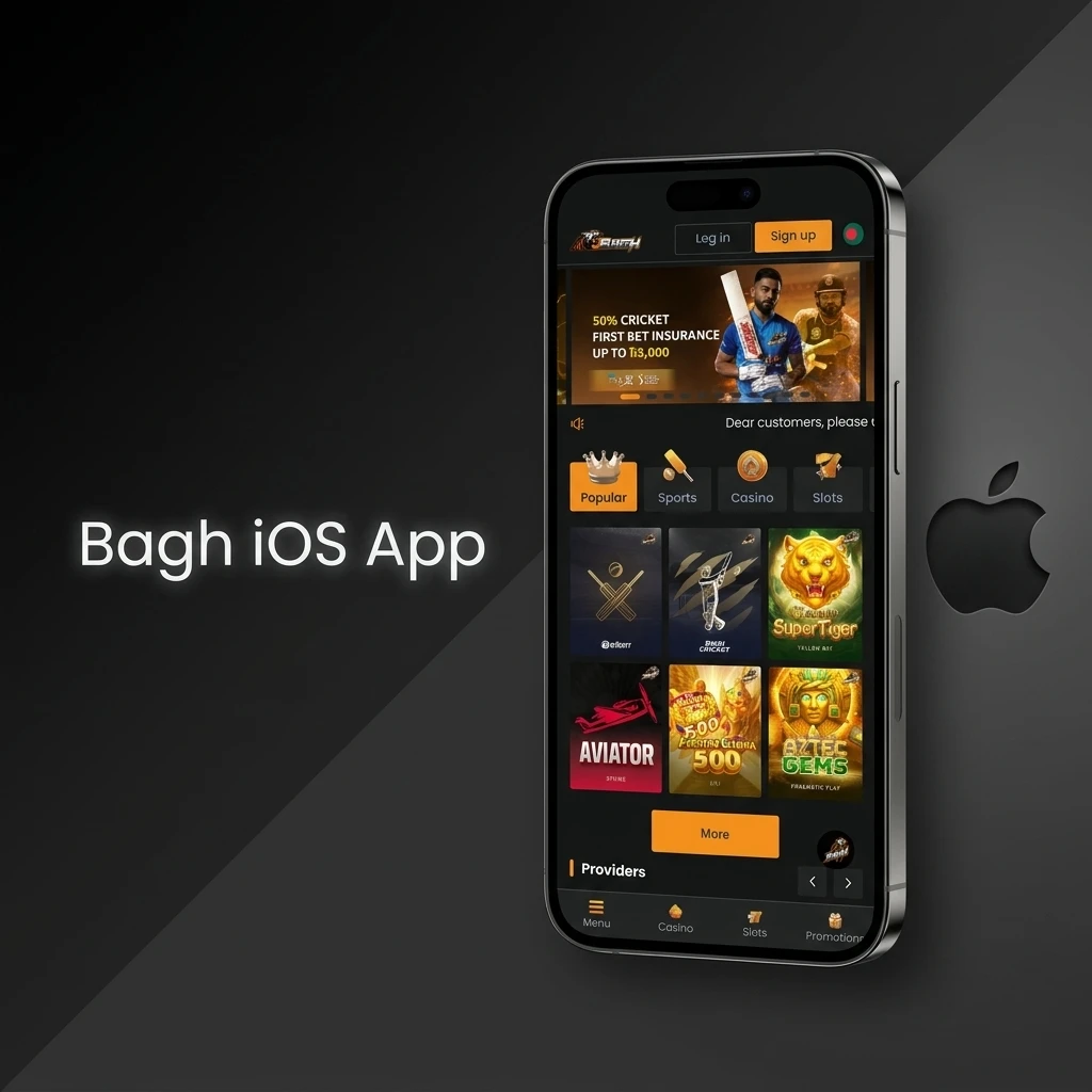 Bagh iOS app on iPhone and iPad showing sports betting, live casino, and slots interface for Bangladesh users