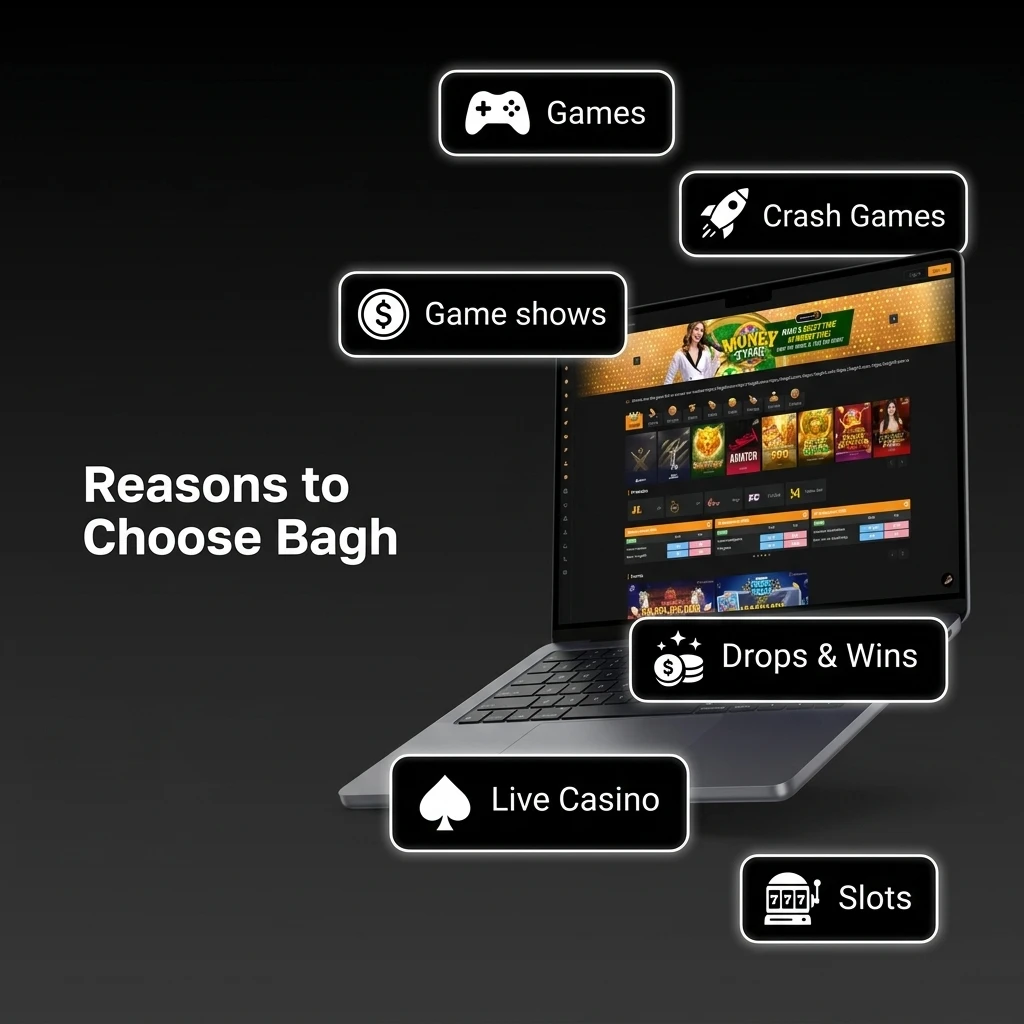 Bagh Bangladesh platform showing local payment options, competitive odds, wide game library, verified licence, and 24/7 support
