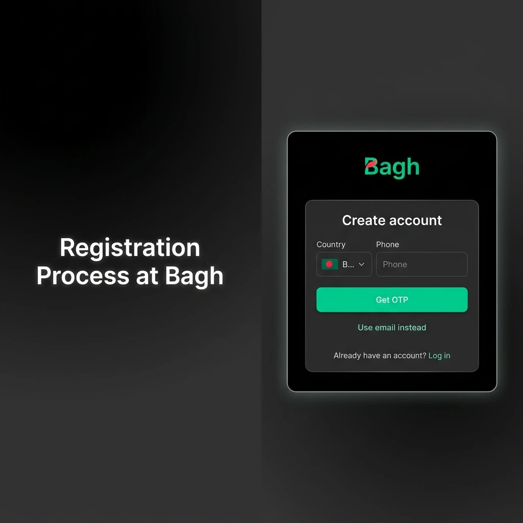 Bagh registration process steps showing sign-up form, currency selection, and welcome bonus claim for Bangladeshi players
